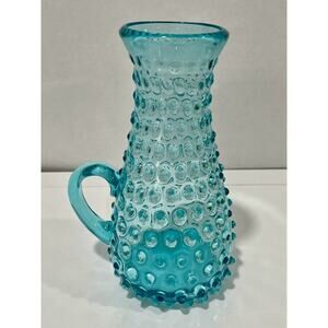 Vintage Handblown Hobnail Glass Aqua Blue Large 9.75" Tall Handled Pitcher